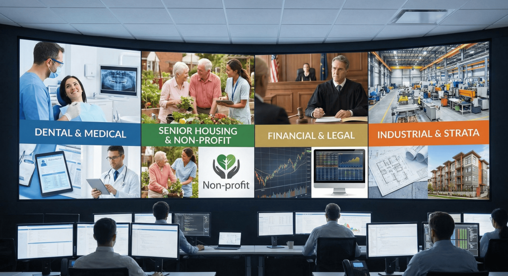 A large control room video wall divided into four labeled sections showcasing industry support. The panels feature photographic examples for "DENTAL & MEDICAL," "SENIOR HOUSING & NON-PROFIT," "FINANCIAL & LEGAL," and "INDUSTRIAL & STRATA." Operators sit at workstations in the foreground.
